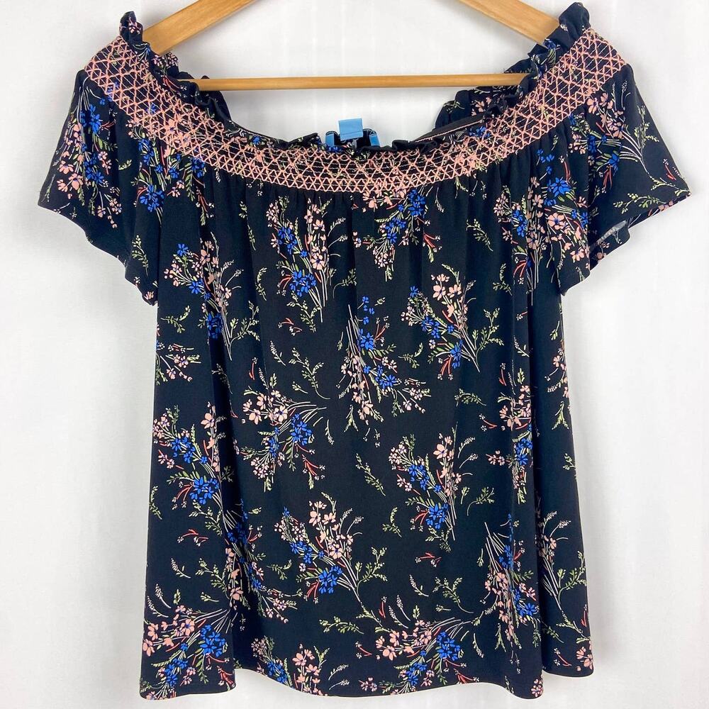 CeCe Floral Peasant Top S Black Pink‎ Knit Off the Shoulder Embroidered